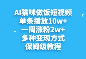 AI猫咪做饭短视频，单条播放10w+，一周涨分2w+，多种变现方式，保姆级教程-福缘创业网_创业项目大全