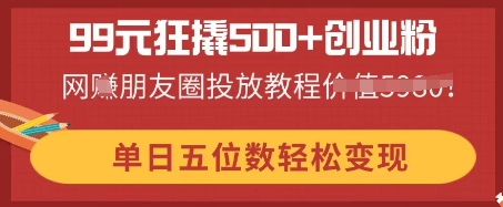 99元狂撬500+创业粉，单日五位数轻松变现，网创朋友圈投放教程-福缘创业网_创业项目大全